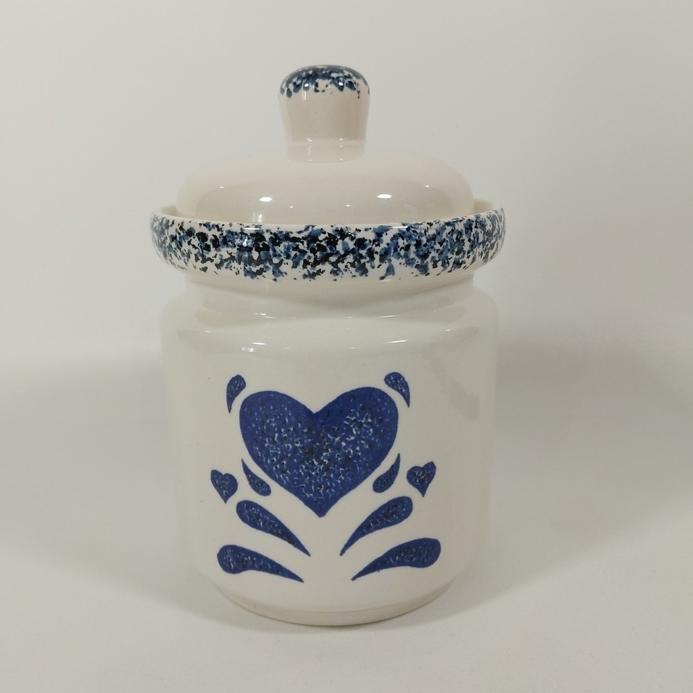 Blue Sponge Heart Jar Canister 8"‎ includes lid My Love Gibson Stoneware White